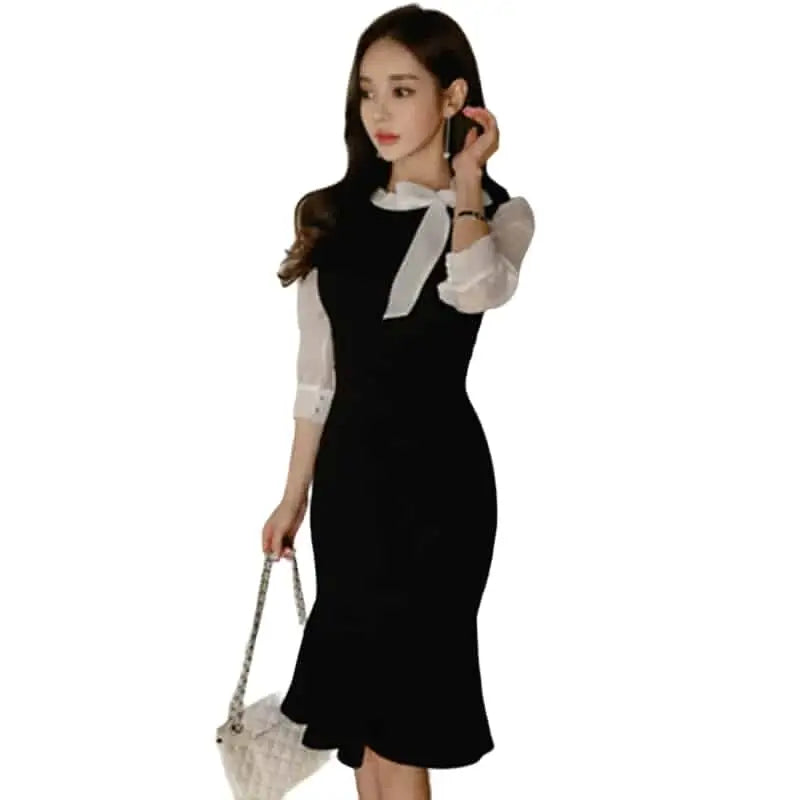Stitching Bow Tie Seven Point Sleeve Dress - Black / S
