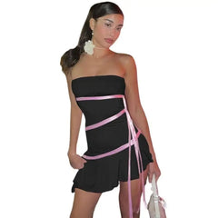 Strapless Ribbon Ruffle Backless Mini Dress - Black-Pink / S