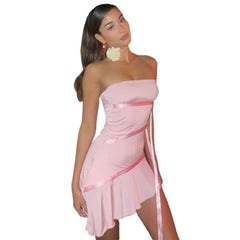 Strapless Ribbon Ruffle Backless Mini Dress - Pink / S