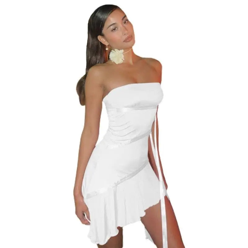 Strapless Ribbon Ruffle Backless Mini Dress - White / S