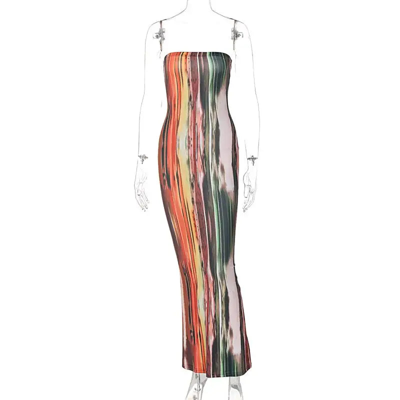 Strapless Sleeveless Off Shoulder Tie Dye Print Dress