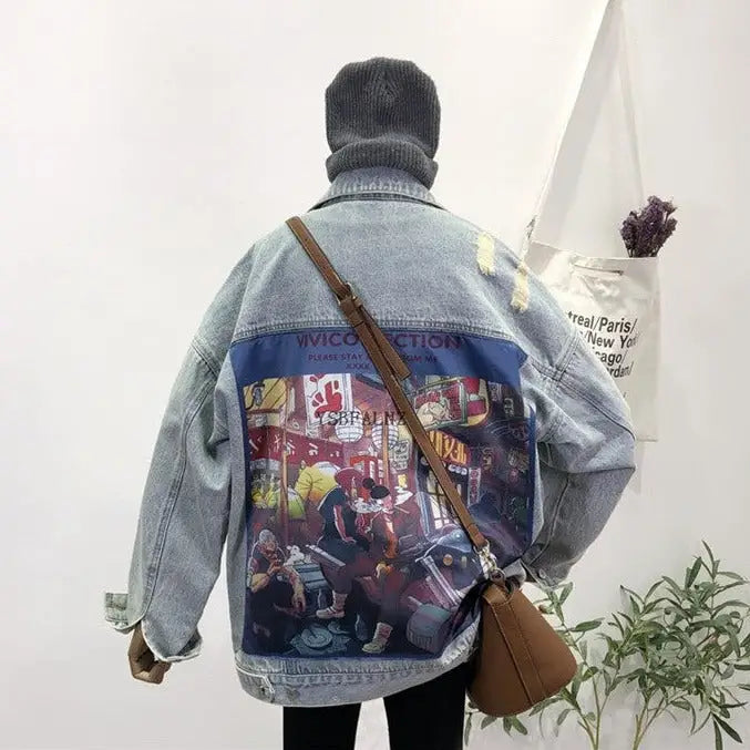 Street Patch Print Washed Denim Jacket