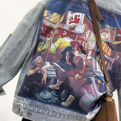 Street Patch Print Washed Denim Jacket