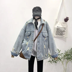 Street Patch Print Washed Denim Jacket