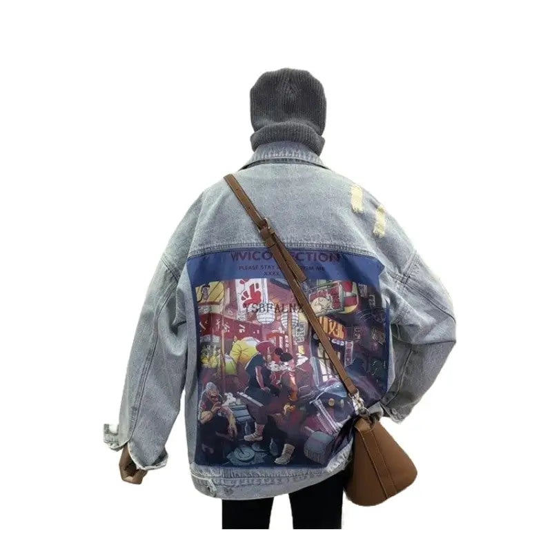 Street Patch Print Washed Denim Jacket