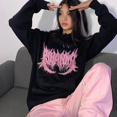 Streetwear Hoodie with Gothic Pink Letters Loose Fit