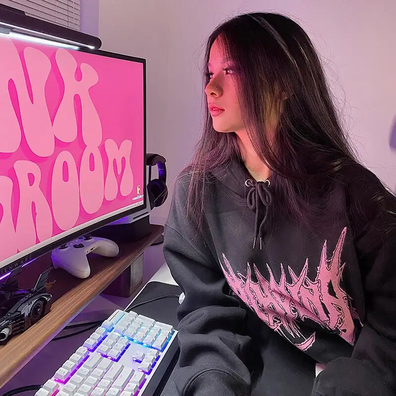 Streetwear Hoodie with Gothic Pink Letters Loose Fit