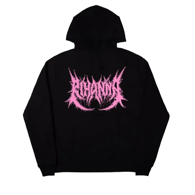 Streetwear Hoodie with Gothic Pink Letters Loose Fit Black