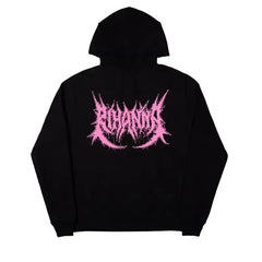 Streetwear Hoodie with Gothic Pink Letters Loose Fit Black
