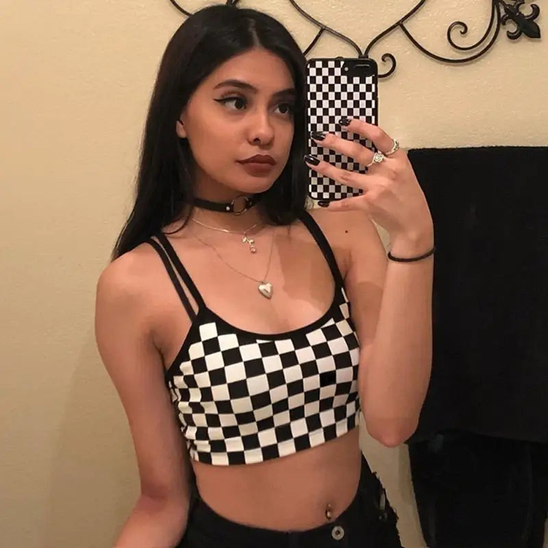 Stretch Chess Pattern Crop Top for Women Black / S