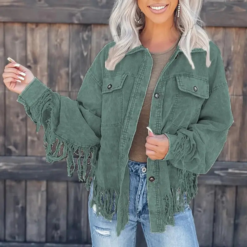 String Sleeve Decoration Corduroy Jacket - Green / S