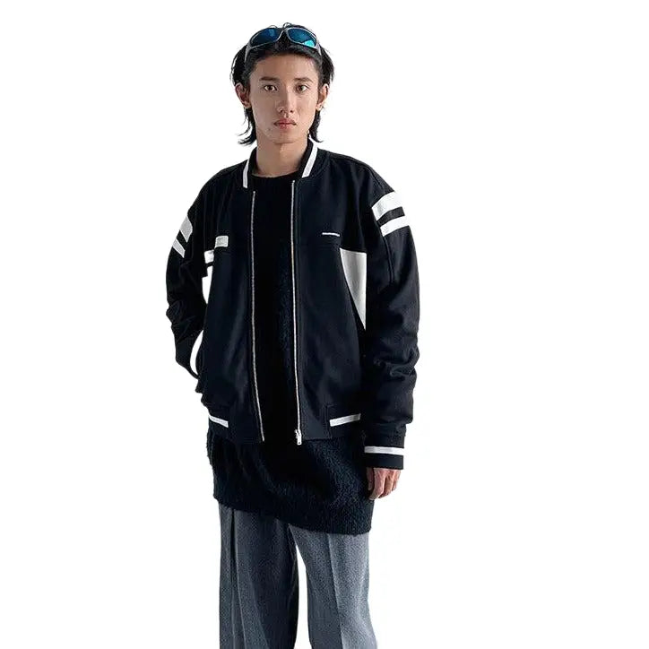 Striped Baseball Jacket with Casual Loose Pockets Black / S