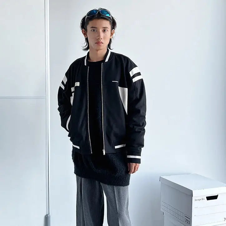 Striped Baseball Jacket with Casual Loose Pockets