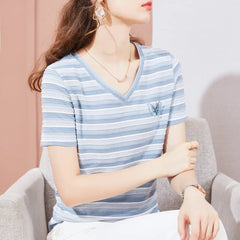 Striped Blouse With Embroidered Butterfly