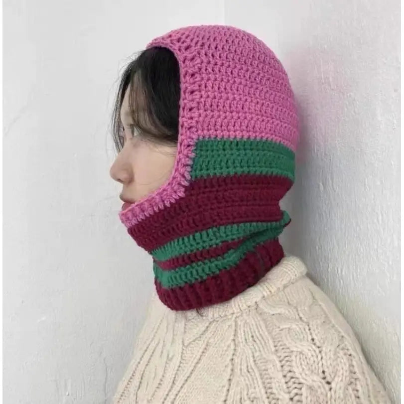 Striped Color Beanie Hat Knitted Balaclava