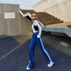 Striped Denim Wide Leg Pants for Women