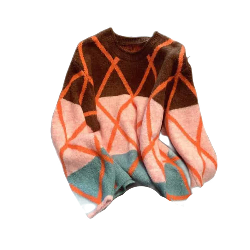 Striped Diamonds Knitted Sweater - Orange / M