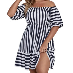 Striped Dress With 3/4 Sleeves - Navy / 0XL