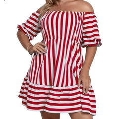 Striped Dress With 3/4 Sleeves - Red / 0XL