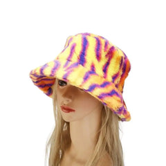 Striped Faux Fur Bucket Hat Warm Polyester 56-58