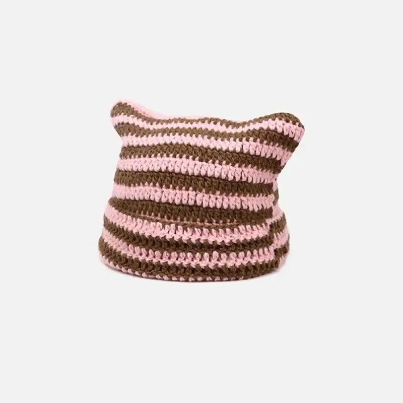 Striped Gothic Kitty Beanie - Pink