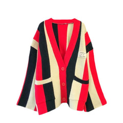 Striped V Neck Long Sleeve Cardigan - Red / One Size -