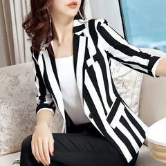 Striped Long Sleeve Double Breasted Commute Casual Coat