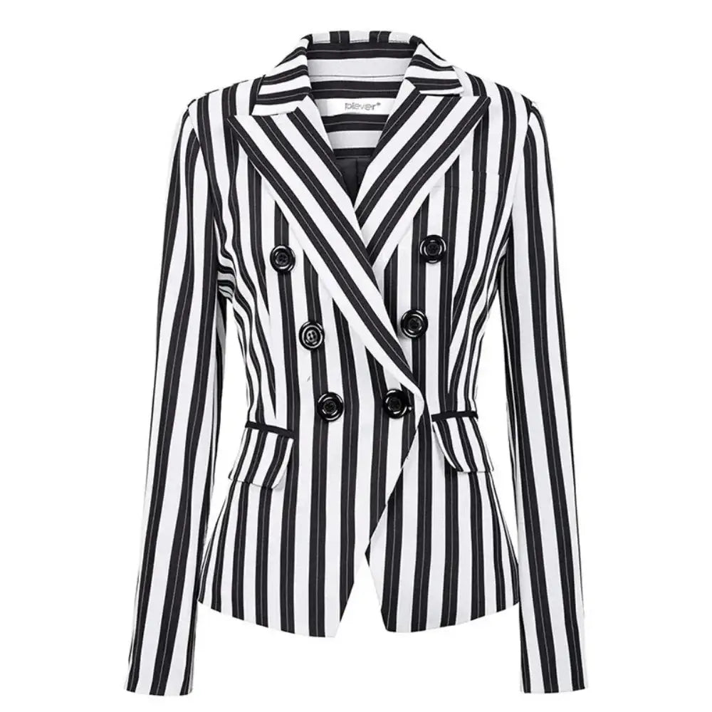 Striped Long Sleeve Double Breasted Commute Casual Coat
