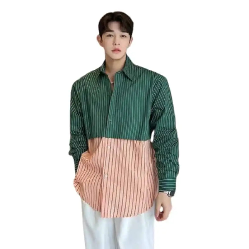 Striped Long Sleeve Loose Shirt - Green / M - Shirts