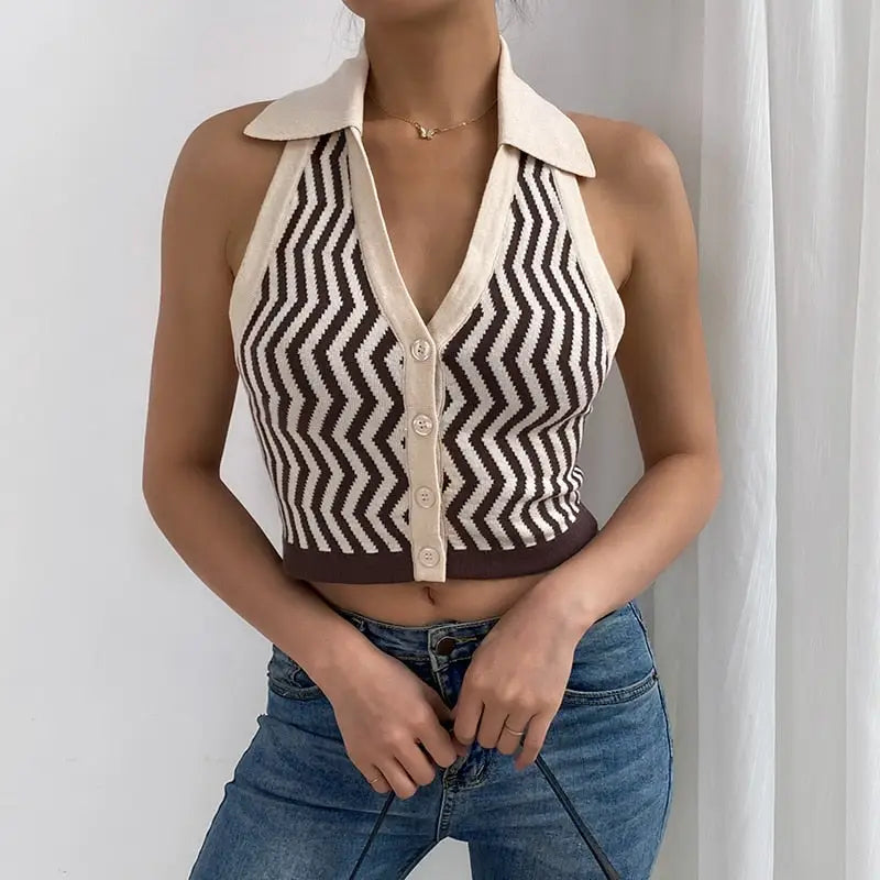 Striped Pattern Knitted Backless Crop Top