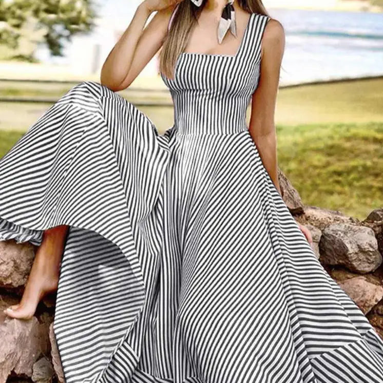 Striped Sleeveless Maxi Dresses - Black / S - Long Dress