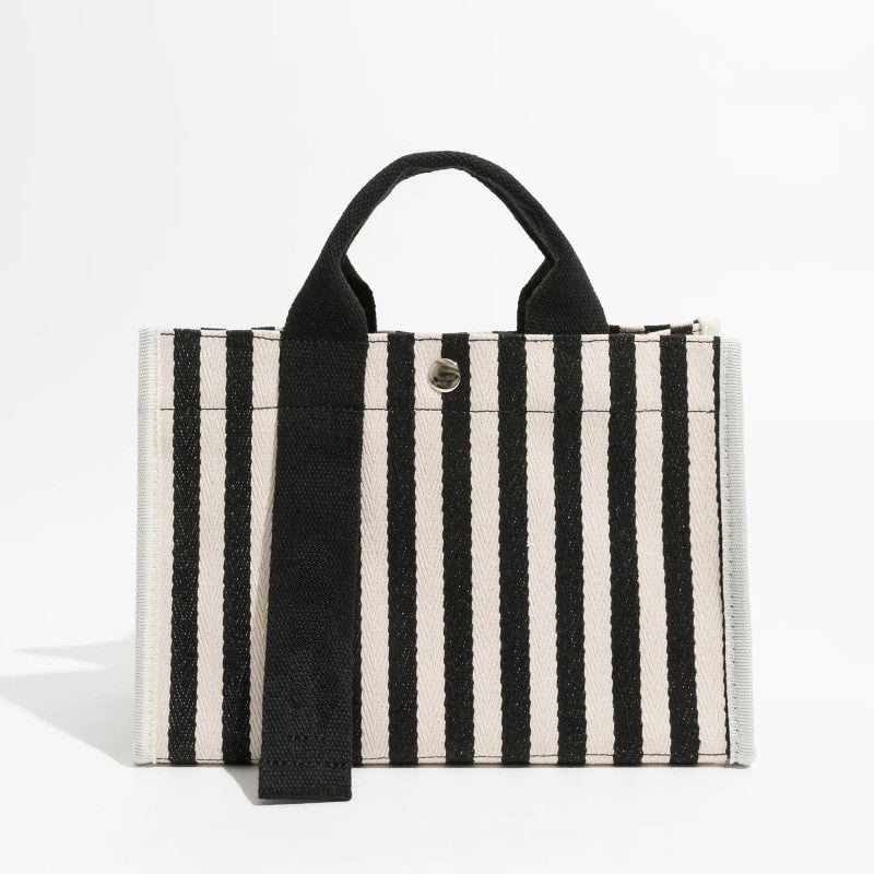 Striped Double Strap Square Satchel Handbag - Black