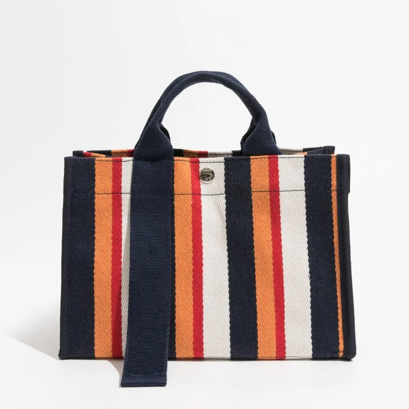 Striped Double Strap Square Satchel Handbag - Orange Black