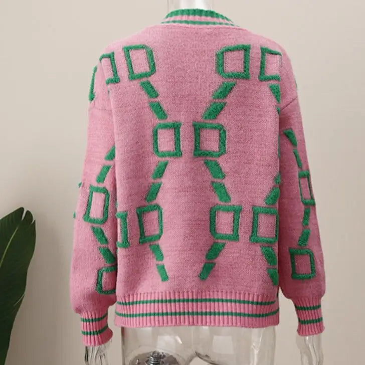 Striped V Neck Knitted Cardigan with Full Sleeves