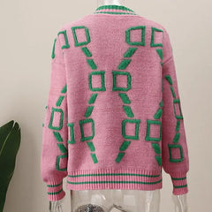 Striped V Neck Knitted Cardigan with Full Sleeves