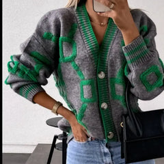 Striped V Neck Knitted Cardigan with Full Sleeves