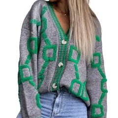 Striped V Neck Knitted Cardigan with Full Sleeves Gray / S