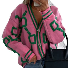 Striped V Neck Knitted Cardigan with Full Sleeves Pink / S