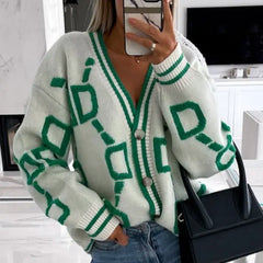 Striped V Neck Knitted Cardigan with Full Sleeves White / S