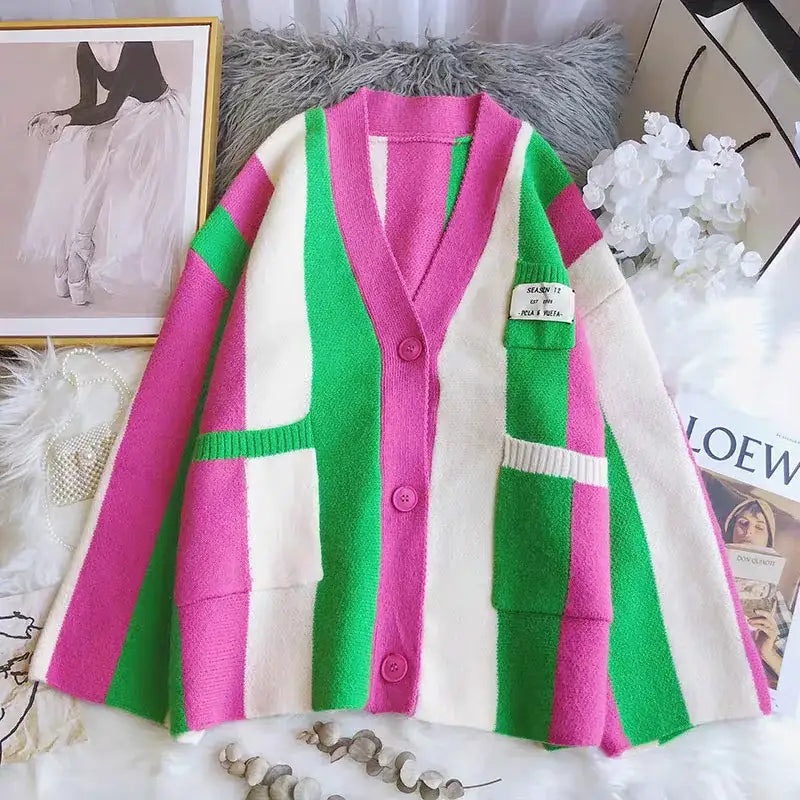 Striped V Neck Long Sleeve Cardigan