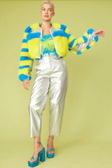 Striped Yellow Faux Fur Cropped Bomber Jacket