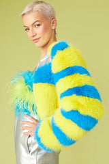 Striped Yellow Faux Fur Cropped Bomber Jacket S-M