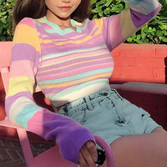 Stripes Pastel Colors Long Sleeve Short Sweater
