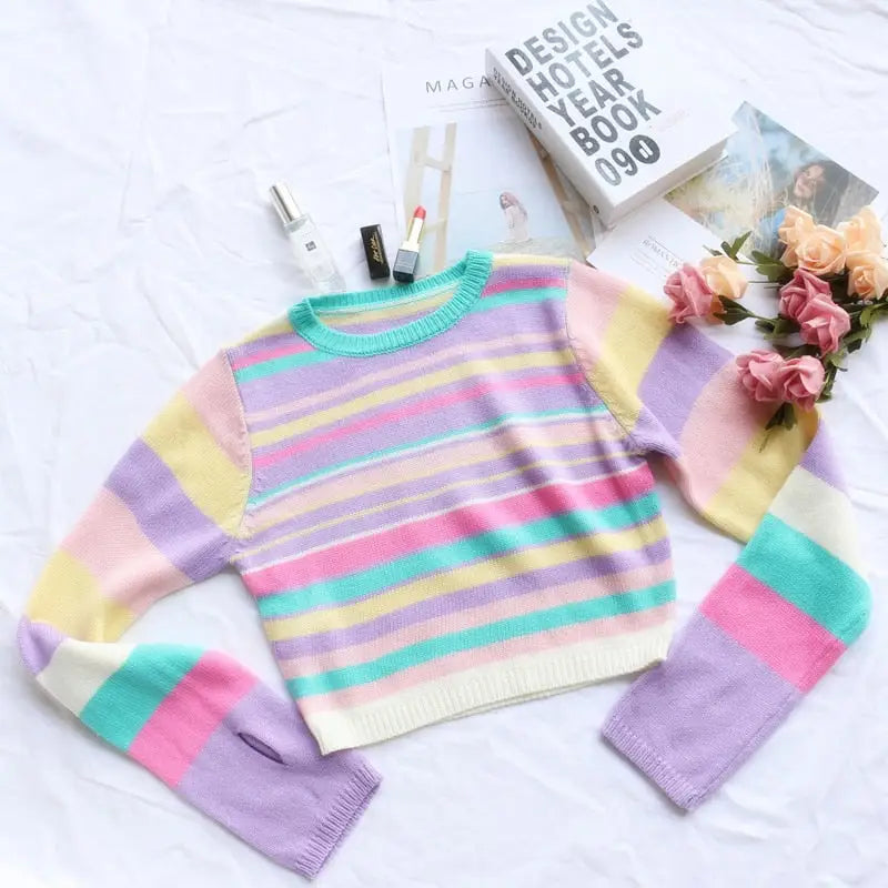 Stripes Pastel Colors Long Sleeve Short Sweater