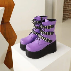 Studded Buckle Strap Boots Punk Rock Style Euro Size