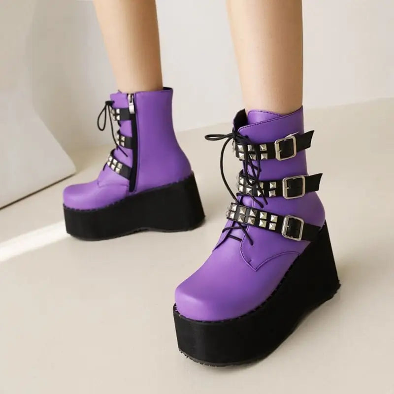 Studded Buckle Strap Boots Punk Rock Style Euro Size