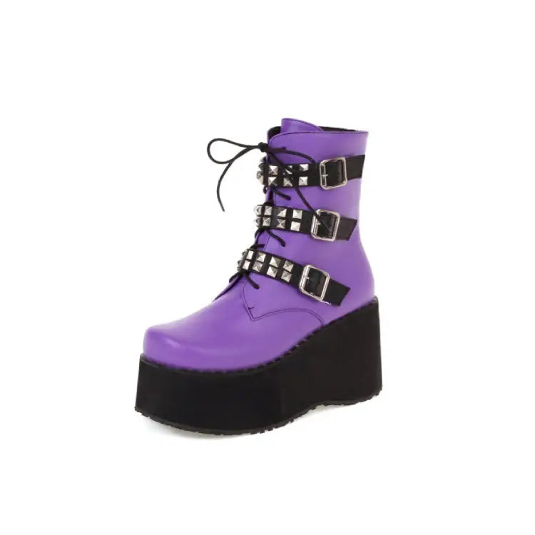 Studded Buckle Strap Boots Punk Rock Style Euro Size Purple