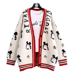 Studio Cartoon Print V Neck Cardigan Sweater