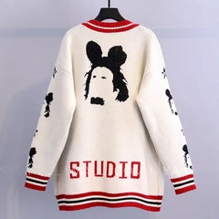 Studio Cartoon Print V Neck Cardigan Sweater