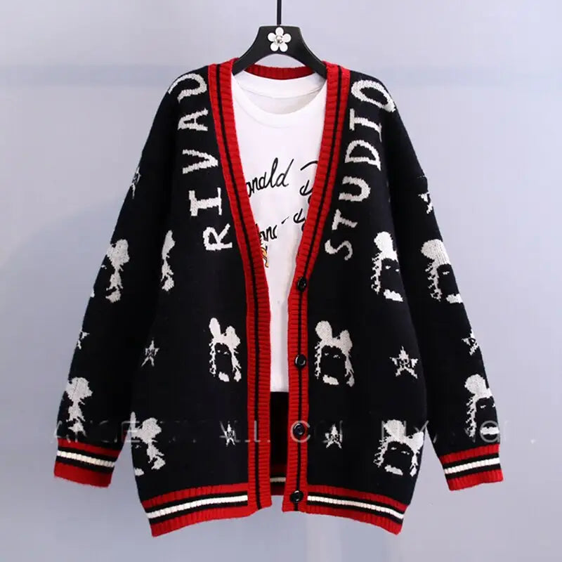 Studio Cartoon Print V Neck Cardigan Sweater